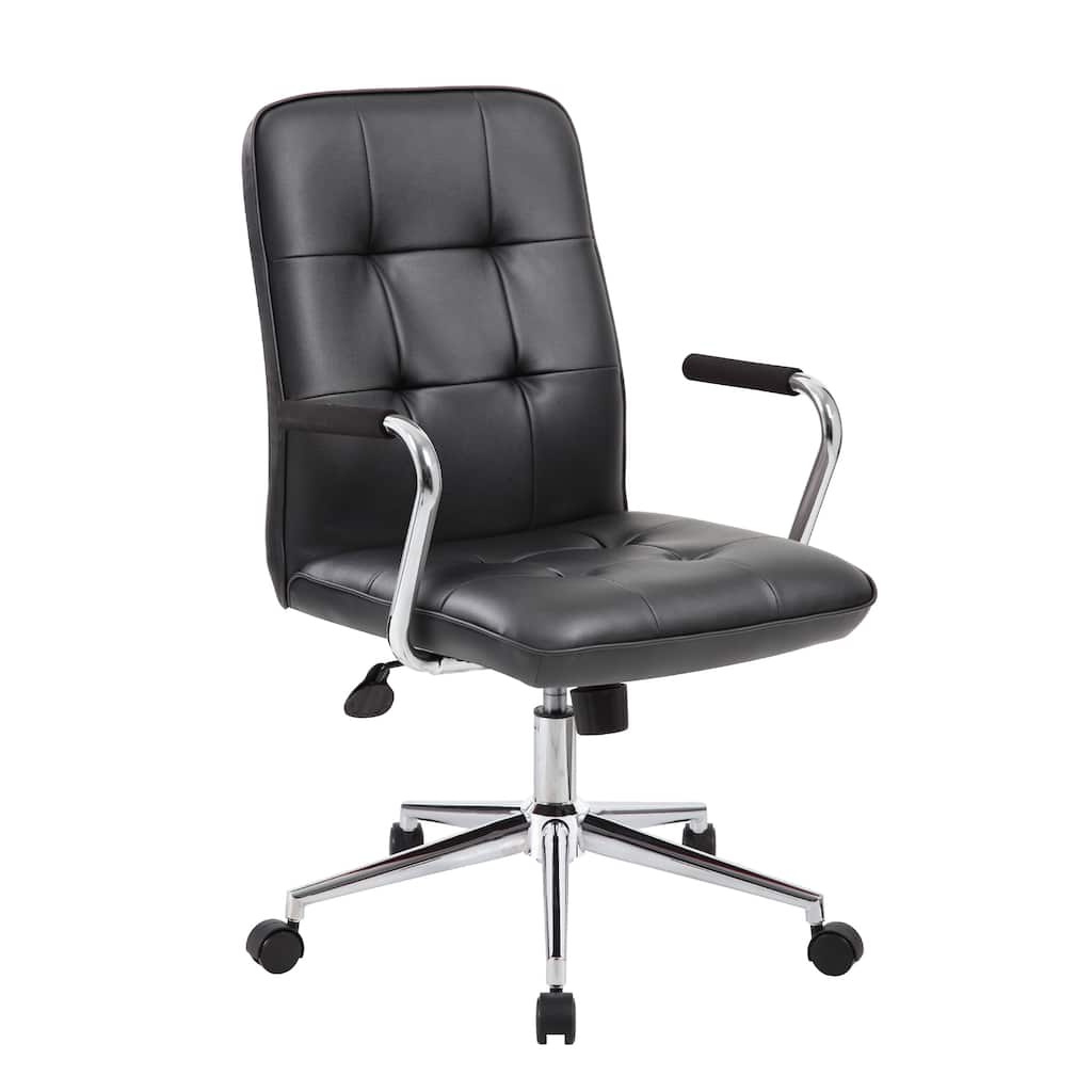 Sela Swivel Office Armchair, Tufted Black Seat & Back, Chrome Base