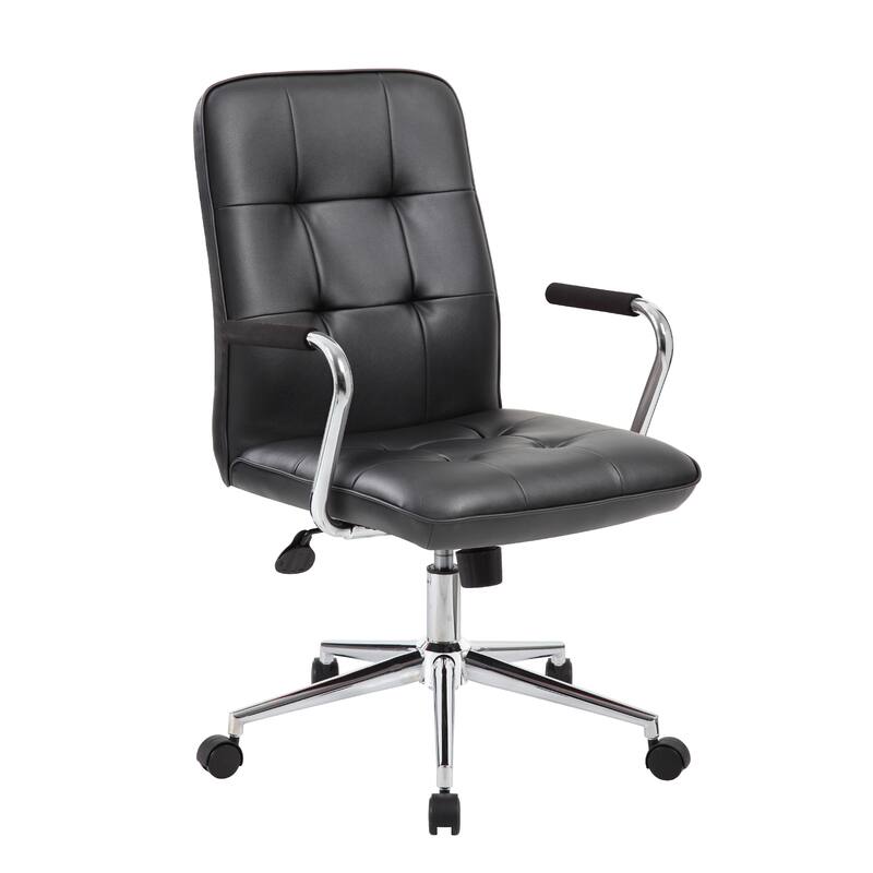 Sela Swivel Office Armchair, Tufted Black Seat & Back, Chrome Base