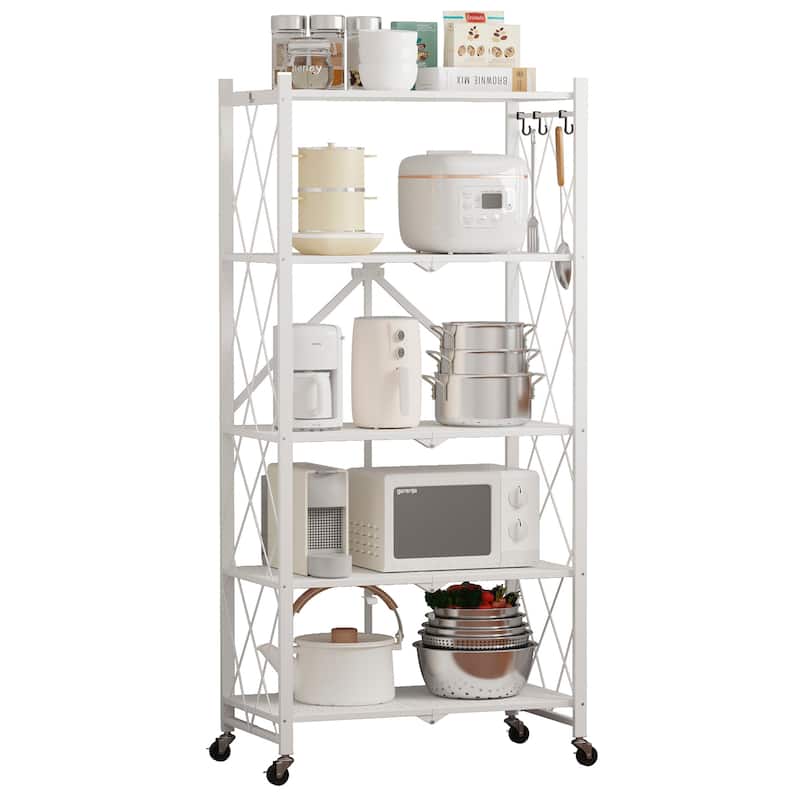 5-Tier Foldable Storage Shelving Unit, Heavy Duty Metal Kitchen Shelf with 3 Hooks - White