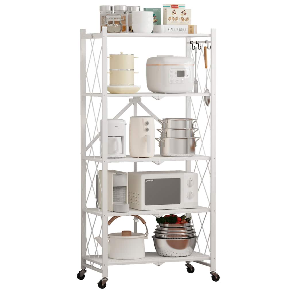 5-Tier Foldable Storage Shelving Unit, Heavy Duty Metal Kitchen Shelf with 3 Hooks