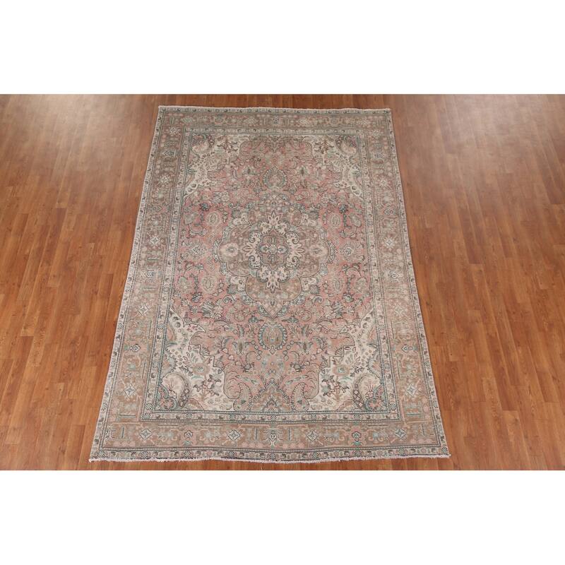 Pink Tabriz Persian Vintage Area Rug Hand-Knotted Wool Carpet - 6'3"x 9'2"