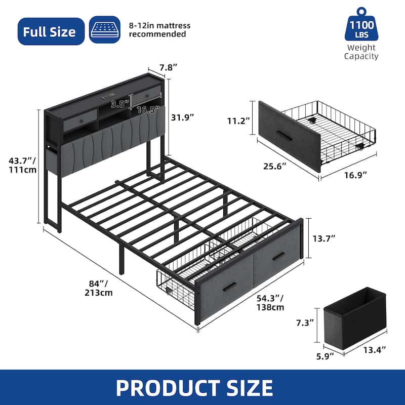 Moasis Linen Upholstered Platform Bed, Bed Frame with Hidden Storage Headboard and Charging Station
