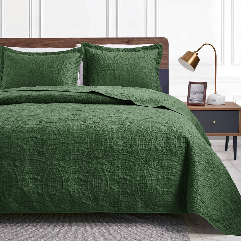 King Size Quilt Set Olive Green Bedspreads Soft Bed Summer Lightweight Microfiber Bedspread Modern Style Coin Pattern Coverlet