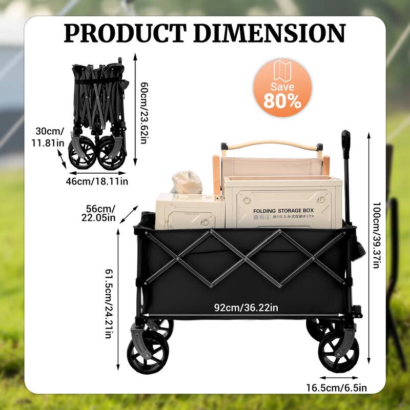 400L Collapsible Wagon, Folding Wagon Cart , Beach Wagon with Big Wheels, 450LB Heavy Duty Foldable Wagon