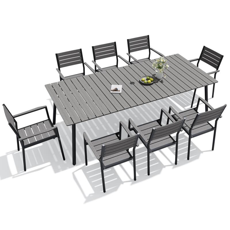 9-Piece Outdoor Patio Dining Set Wood-Like Table Top Alumium Umbrella Hole Table with Stackable Armrest Dining Chairs