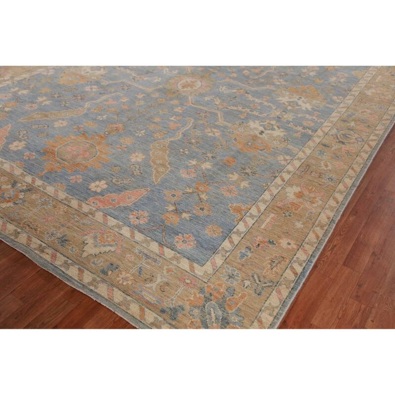 Hand Knotted Oriental 100% Wool Carpet Transitional All-Over Navy Blue & Blues Oushak Area Rug - 11' 10'' X 9' 1''