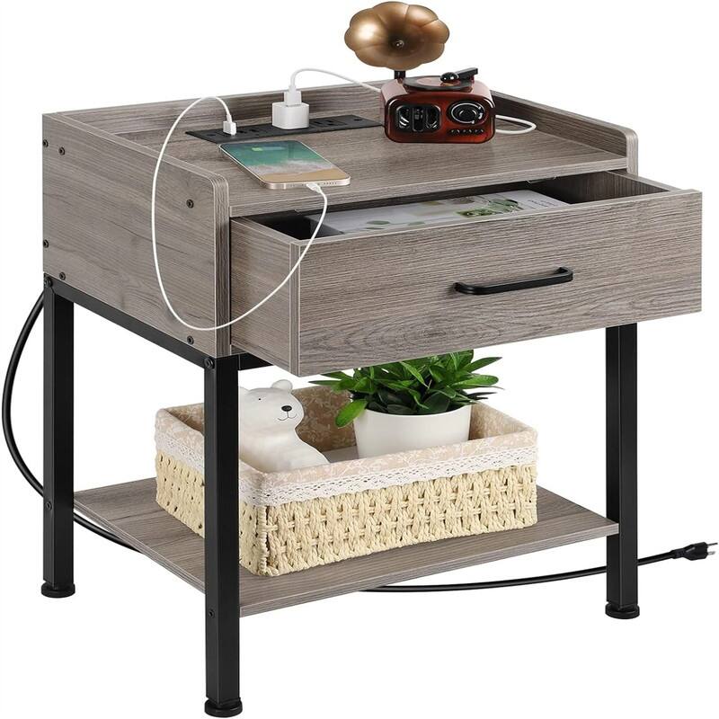 Night Stand with Charging Station - Rustic Grey