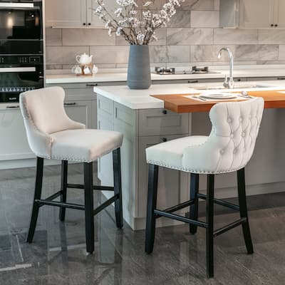 Beige Tufted Button Barstools Velvet Kitchen Island Dining Chair 2 Set