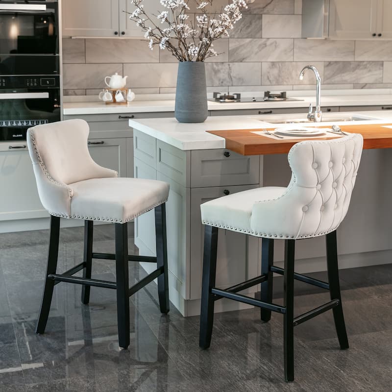 Wing-Back Barstools with Button Tufted Decoration and Wooden Legs, Leisure Style Bar Chairs,Bar stools, Set of 2