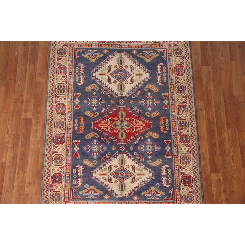 Navy Blue Kazak Area Rug Hand-Knotted Wool Carpet - 4'2" x 6'3"