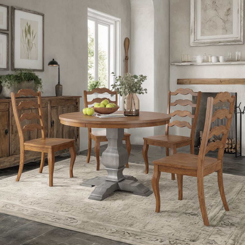 Ronda 45" Round Solid Wood Top Dining Set with French Ladder Back Chairs - Antique Grey Table - Oak Chairs