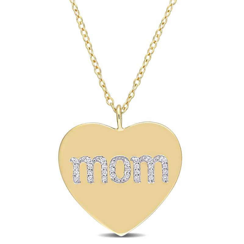 Miadora 1/10ct TDW Diamond Heart "MOM" Engraved Necklace in Yellow Plated Sterling Silver