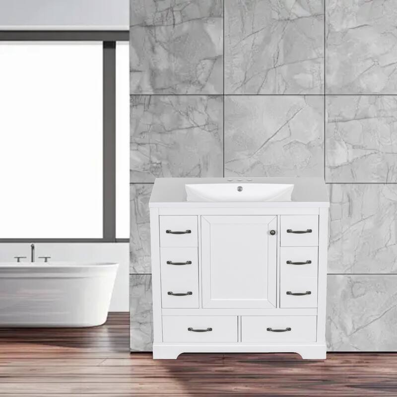 Modern 36" Bathroom Vanity with Sink, Six Drawers, Adjustable Shelf & Multi-Functional Dividers