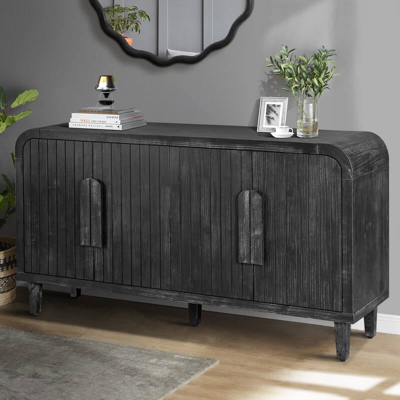 Roomfitters 59" Farmhouse Curved Sideboard, Vintage 4-Door Buffet with Vertical Carving & Large Wood Handles