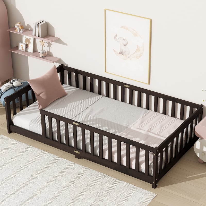Twin Size Floor Bed with Fence without Door, Rubber Wood Floor Bed with Safety Guardrails - Espresso