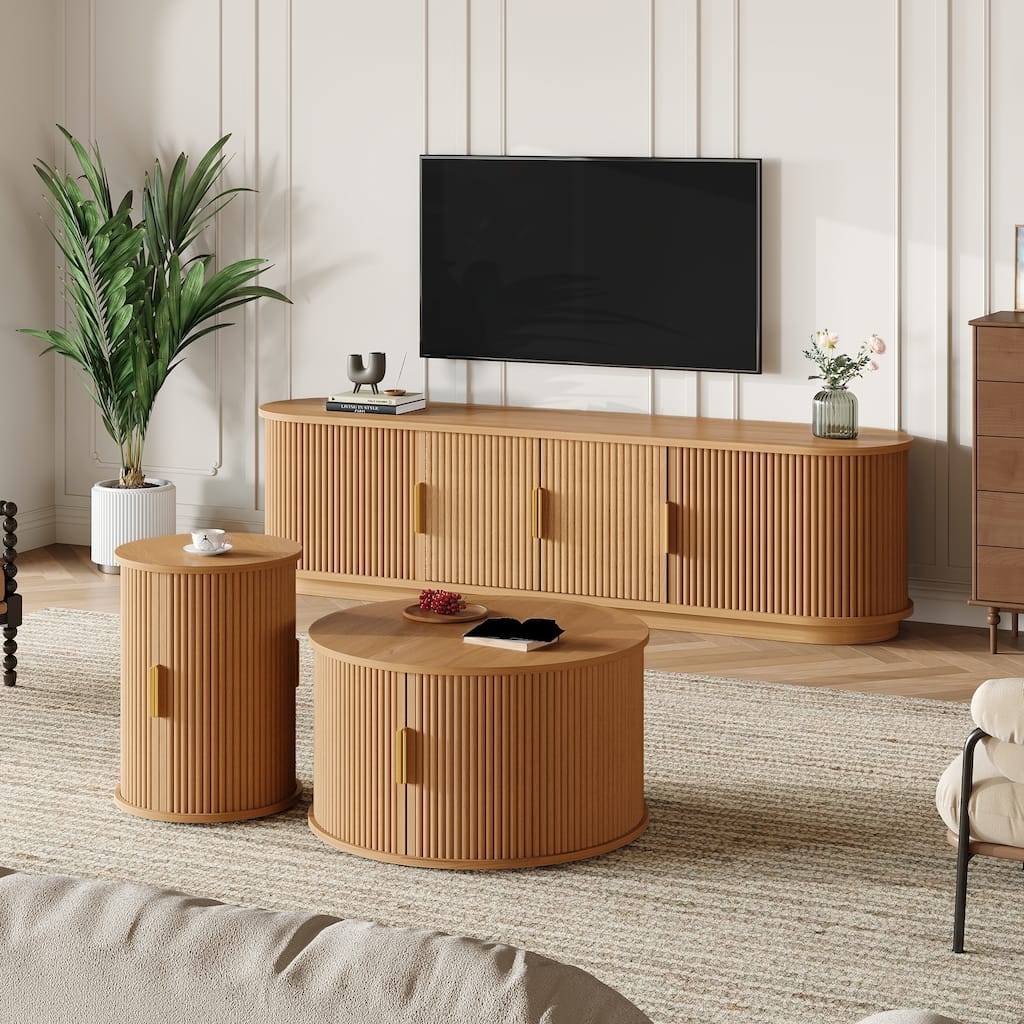 Fluted Sliding Door TV Stand & Coffee Table Set, Wooden Media Cabinet TV Console for TVs up to 75", 3-Piece Living Room Set