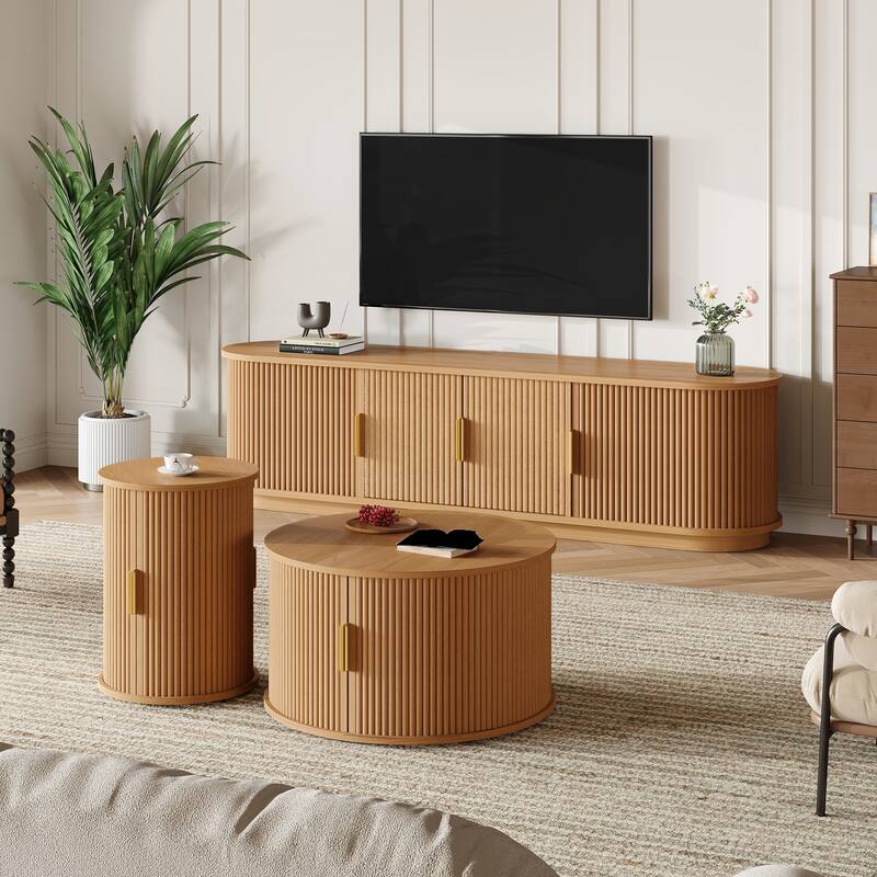 TV Stand and Coffee Table Set, 66.9'' Modern TV Console Entertainment Center with Cabinet, Round Coffee Table with Storage
