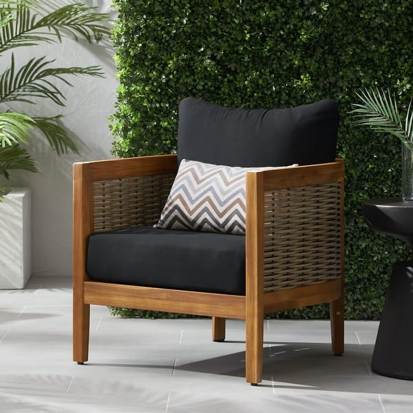 Burchett Acacia Wood and Wicker Outdoor Club Chair with Cushions by