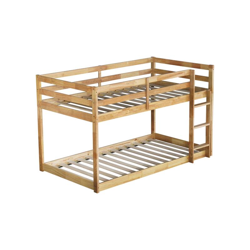 Twin over Twin Solid Rubber Wood Bunk Bed with Ladder and Strengthened Slats, Natural Finish