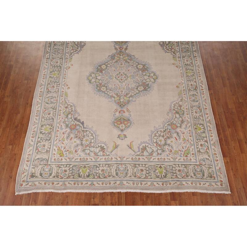 Beige Tabriz Persian Vintage Area Rug Hand-Knotted Wool Carpet - 8'8" x 10'8"