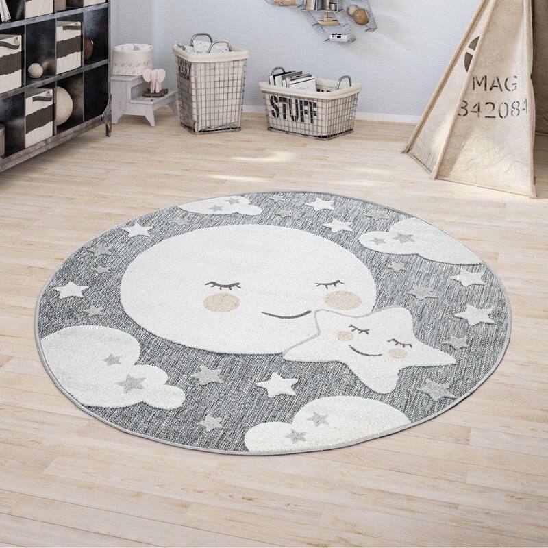 Round Kids Rug Cuddly Moon and Stars Motif Indoor & Outdoor - grey - 6'7" Round