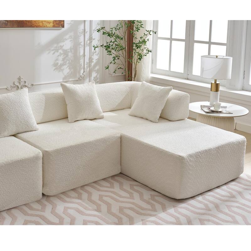 White 140" Oversized Boucle Upholstered L-Shaped Modular Sectional Sofa, 3-piece Free Combination, No Assembly Required