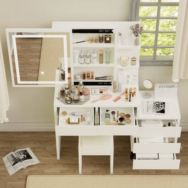 Long White Dressing Table with 5 Drawers, Adjustable Lighting Mirror, and  Chair for Bedroom Organization - Bed Bath & Beyond - 42222229