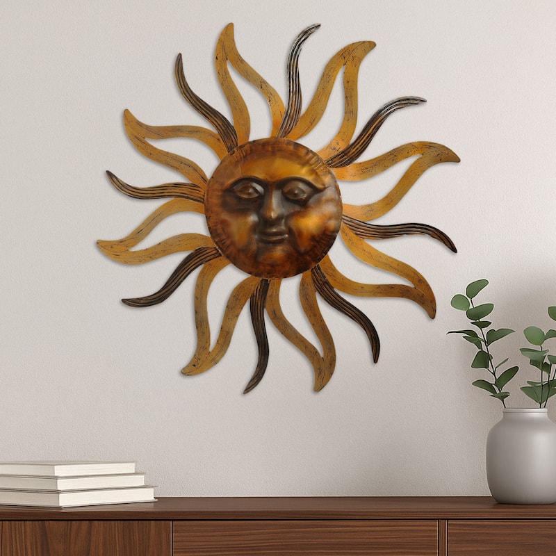 35 Inch Round Wall Mounted Sun Face Accent Decor, Carved Rustic Gold and Black Metal
