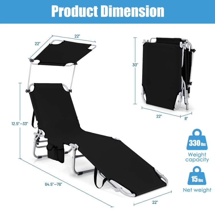 Set of 2 Portable Reclining Chair with 5 Adjustable Positions - 64.5" - 76" x 22" x 33" - 12.5"