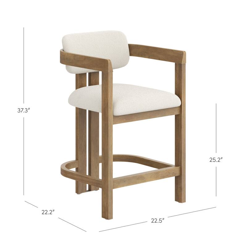 Veya Modern Barrel Bar Stool with Solid Wood Legs and Boucle Upholstery