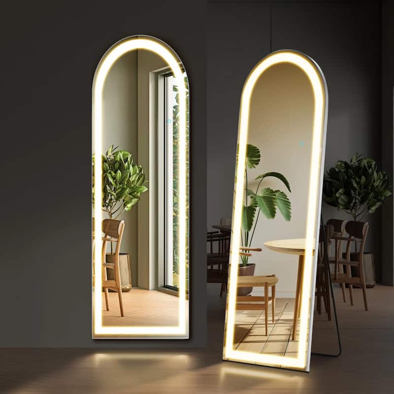 Arched Full Length Mirror with LED Lights, 26"x71" Lighted Floor Mirror with Dimming & 3 Color Lighting, Stand