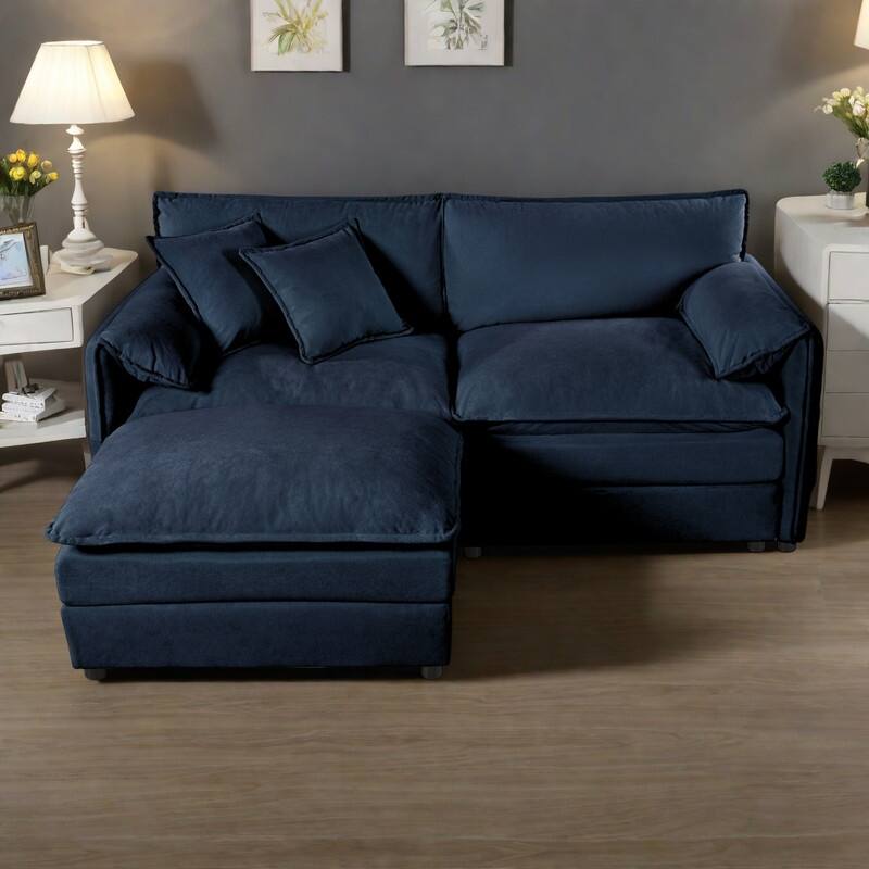 75.59" Chenille Modular Sectional Sofa with Ottoman,Deep Seat and 800lb Capacity - Blue