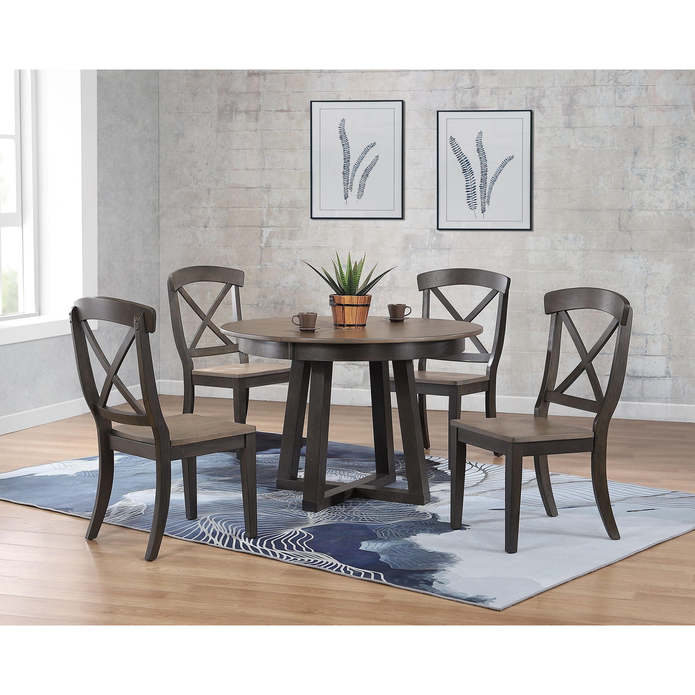 Coastal Haven Collection Antiqued Grey Transitional X-Back 5-Piece Cross Dining Set X-Back 5-Piece Cross Pedestal Dining Set