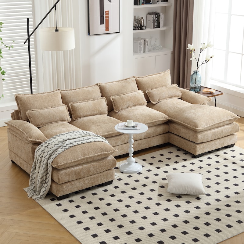 Chenille Upholstered U-Shaped Living Room Sectional Sofa With Wooden Legs - Khaki