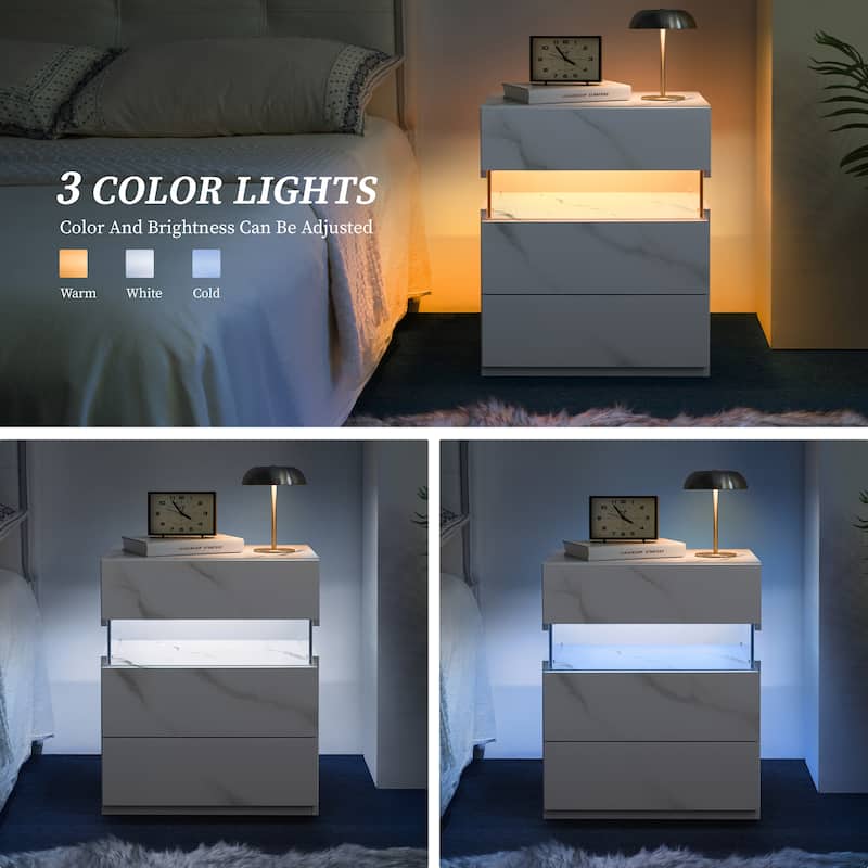 LED Nightstands, 3 Drawer Dresser for Bedroom End Table with Acrylic Board LED Bedside Tables