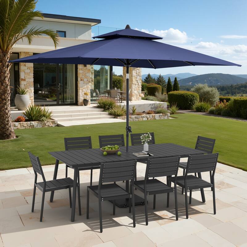 11-Piece Outdoor Dining Set Aluminum Table and 8 Stackable Chairs w/ 10 ft Umbrella and Base Stand - Black Table with Navy Blue Umbrella