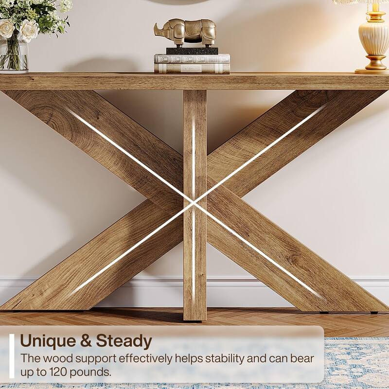 70.9" Oak Brown Farmhouse Console Table with Geometric Base, Long Sofa Table for Entryway or Hallway