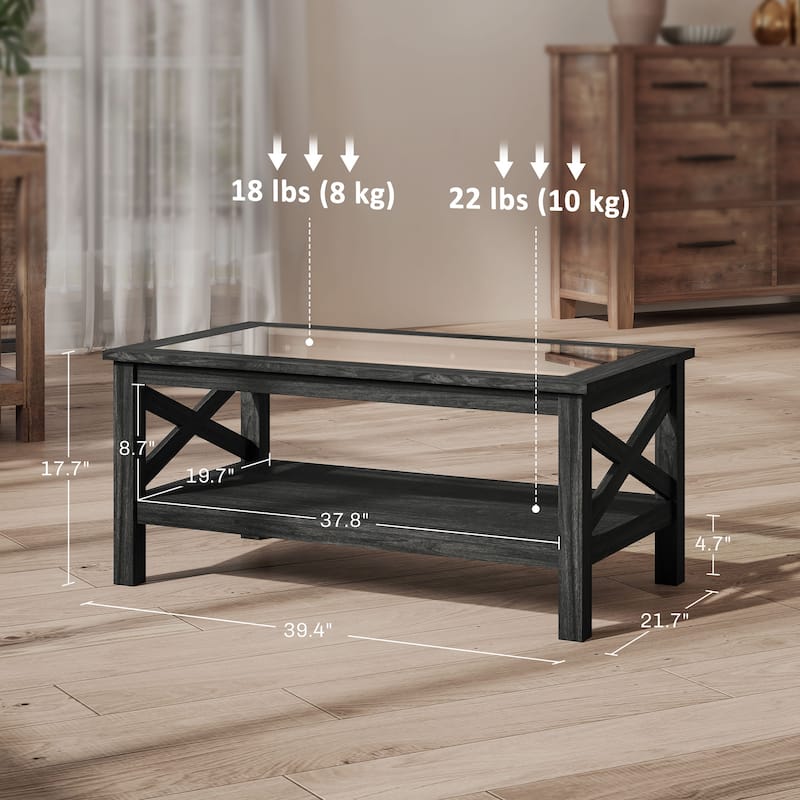 Coffee Table with Tempered Glass Top and Storage Shelf Modern Living Room Furniture - 39.25'' L x 21.75'' W x 17.75'' H