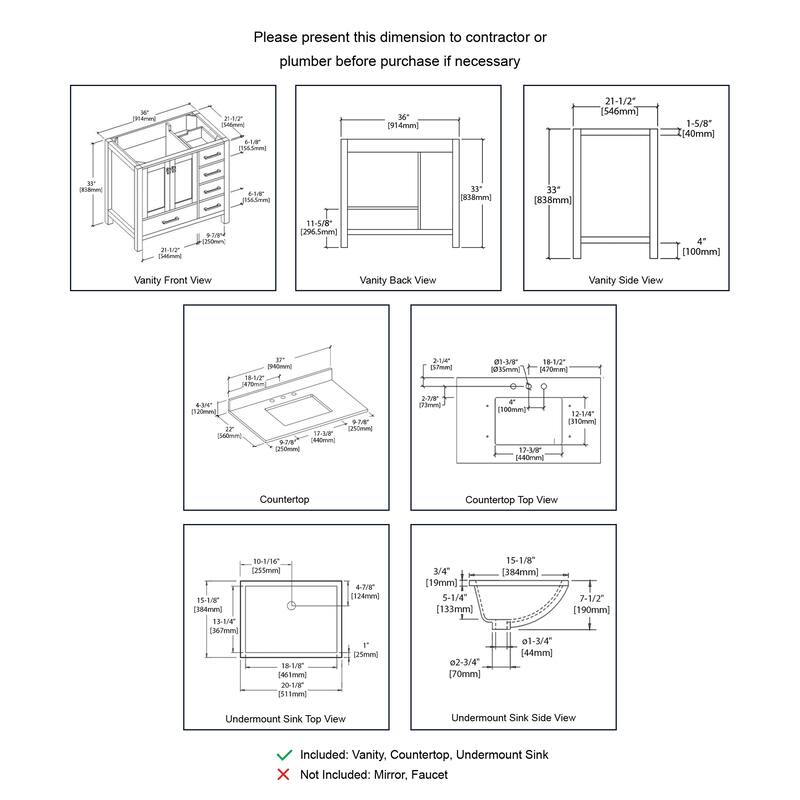 Blossom Geneva 36" Bathroom Vanity with Marble Top & Undermount Sink