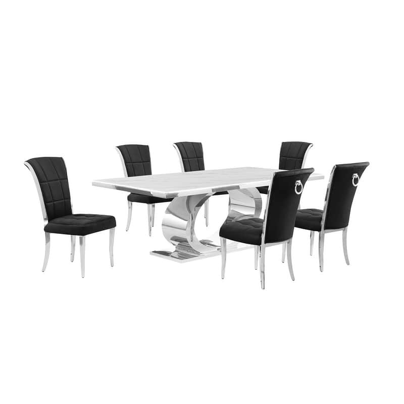 Best Quality Furniture D432/3-SC320-7 Dining Set with 87" White Marble Top