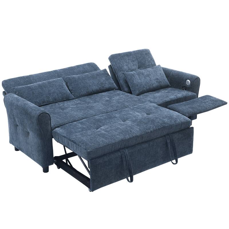 82" Chenille 2-in-1 Sofa Bed with Adjustable Backrest, Reversible Chaise, USB Charging Ports