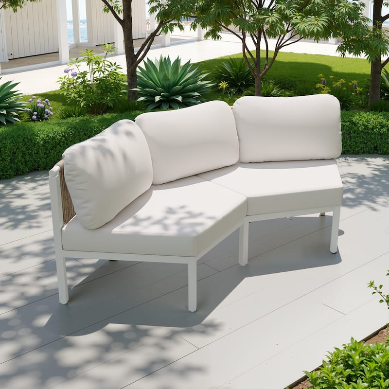 Outdoor Patio Furniture PE Rattan Wicker Half Round Curved Sofa Sectional Set - Beige - 2PC