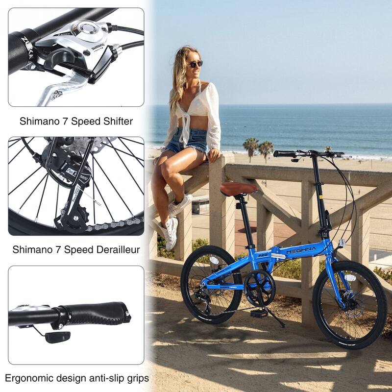 20" Lightweight Aluminum Frame,7-Speed Folding City Bike,Blue