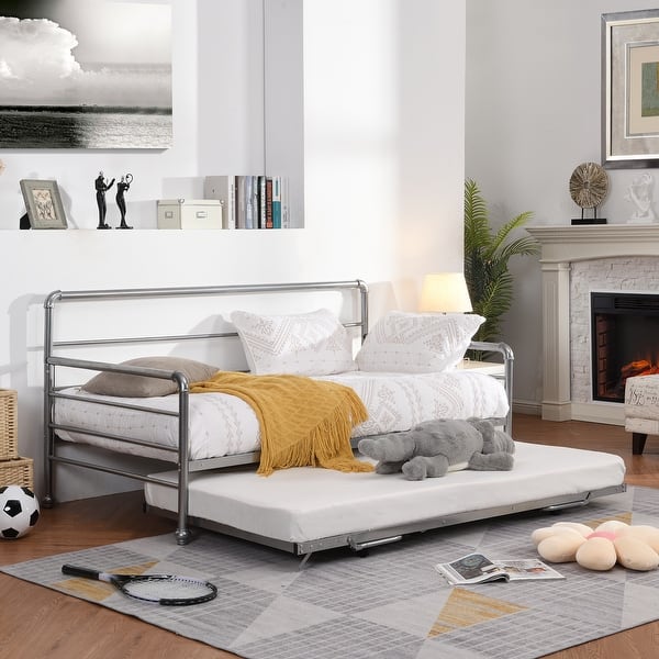 Twin Size Daybed with Adjustable Pop Up Trundle, Extendable Daybed Twin