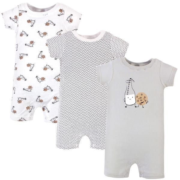 slide 1 of 1, Hudson Baby Infant Boy Cotton Rompers 3pk, Milk Cookies 0 - 3 Months - Grey