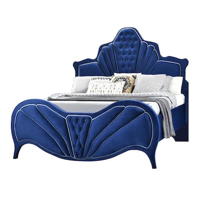 Modern Velvet Upholstered Channel Tufted Eastern King Bed, Blue