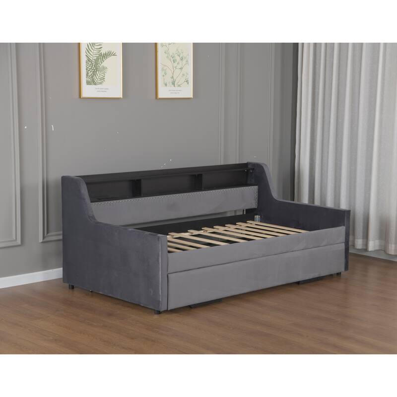 Twin Size Daybed with Trundle, Upholstery Daybed with LED Light ＆ Charging Station, Velvet Day Bed with Wood and Metal Frame