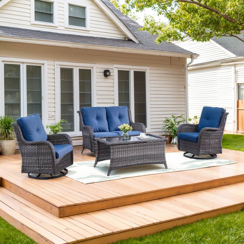 Outdoor Glider Loveseat Sofa Funitre Set - Grey Rattan - Blue Cushion - 4PCS Sofa with Swivel Chair