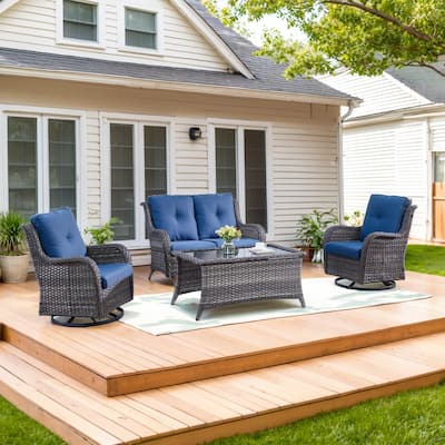 Patio Wicker Loveseat Sofa and Swivel Chair with Table - Blue cushion - Grey