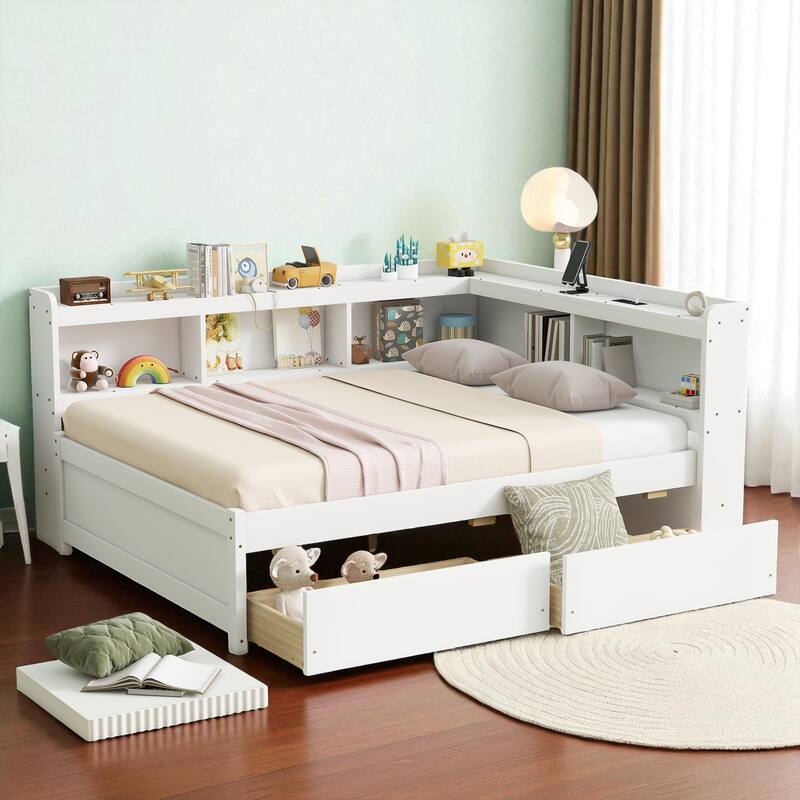 Full Size Bed with L-Shaped Bookcases, Power Outlets, USB Ports and 2 Storage Drawers